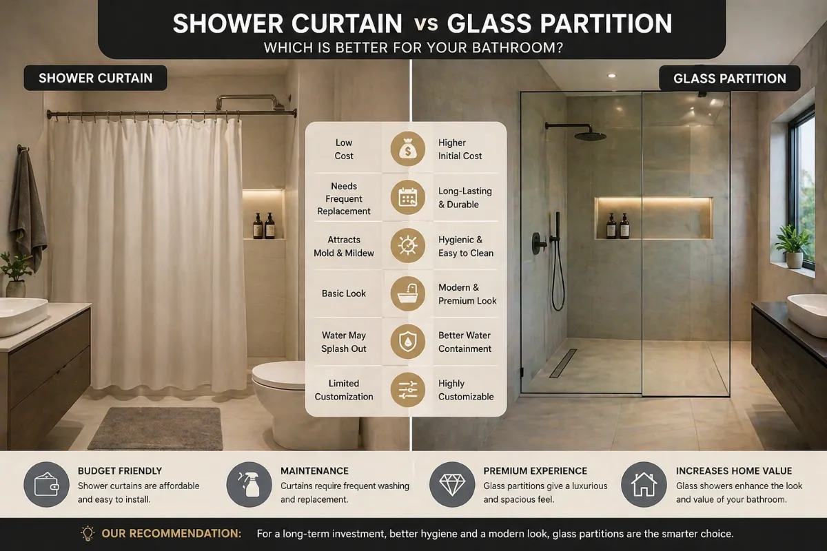 Shower curtain vs glass partition